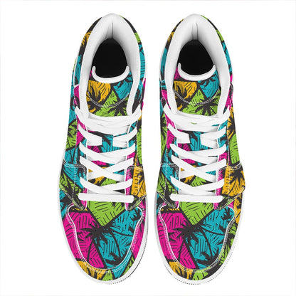 Colorful Palm Tree Pattern Print High Top Leather Sneakers