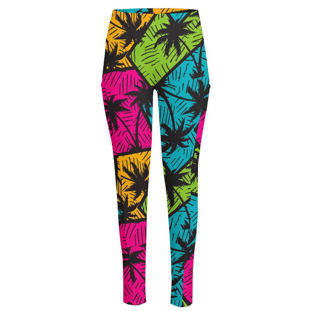 Colorful Palm Tree Pattern Print High-Waisted Pocket Leggings