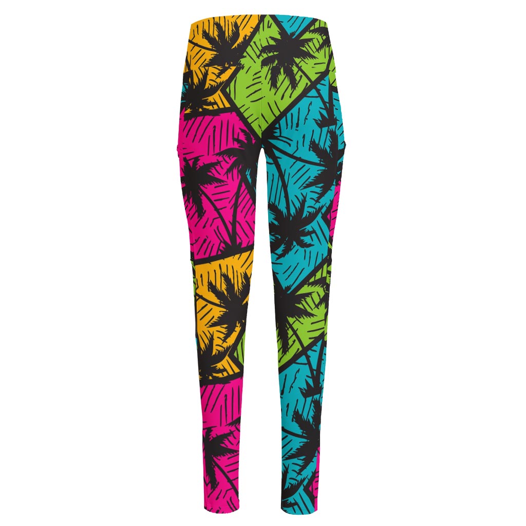 Colorful Palm Tree Pattern Print High-Waisted Pocket Leggings