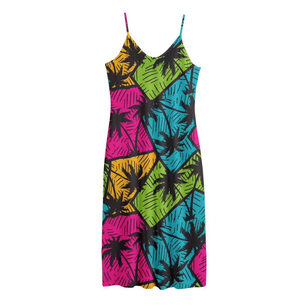 Colorful Palm Tree Pattern Print Jersey Midi Cami Dress