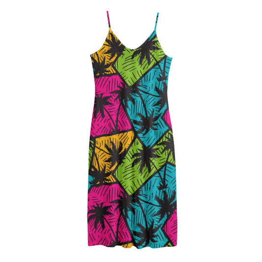 Colorful Palm Tree Pattern Print Jersey Midi Cami Dress