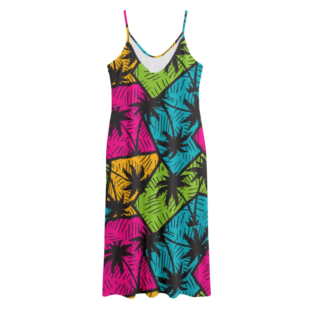 Colorful Palm Tree Pattern Print Jersey Midi Cami Dress