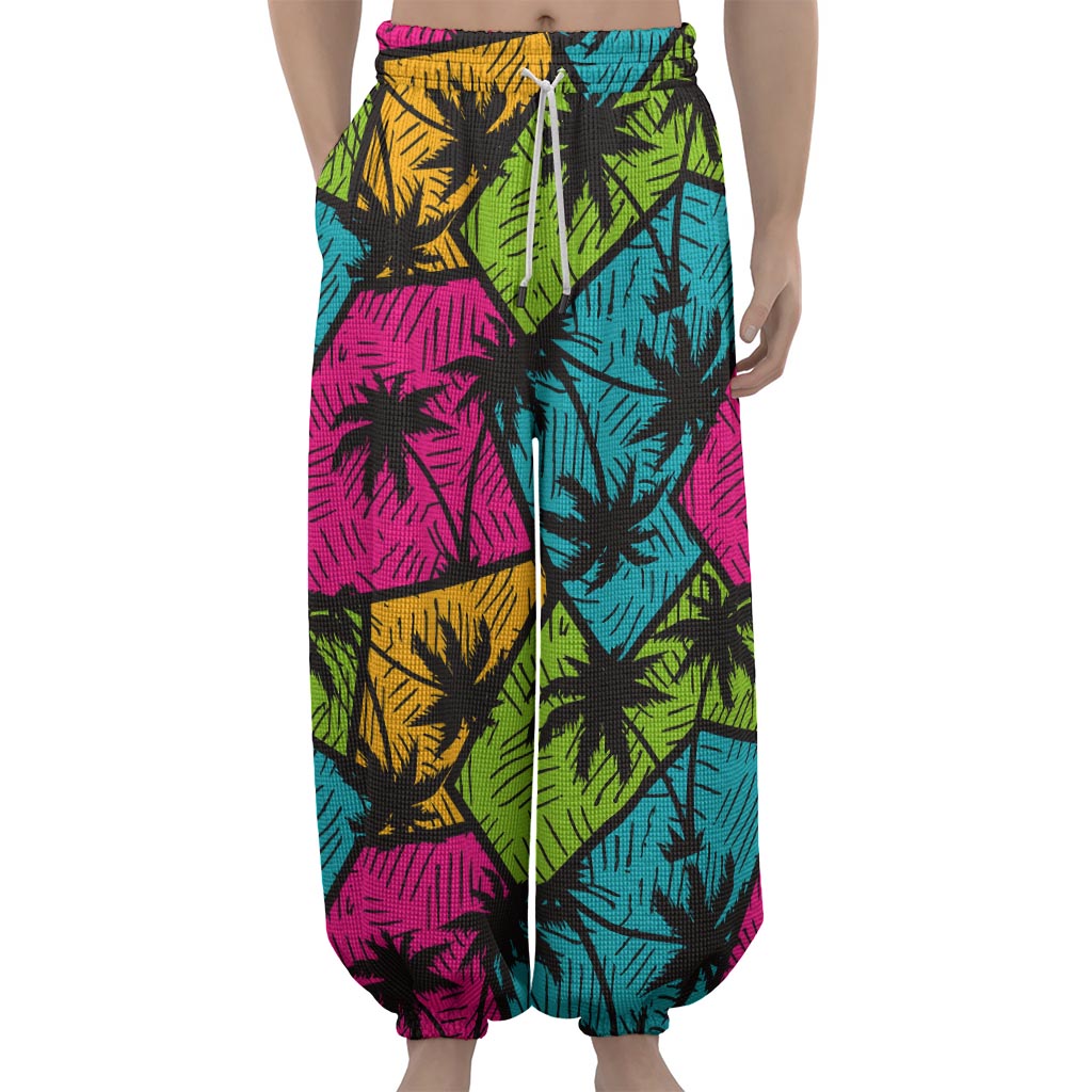 Colorful Palm Tree Pattern Print Lantern Pants