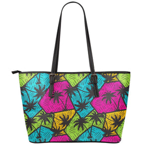 Colorful Palm Tree Pattern Print Leather Tote Bag