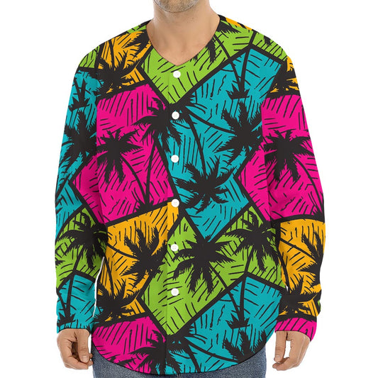 Colorful Palm Tree Pattern Print Long Sleeve Baseball Jersey
