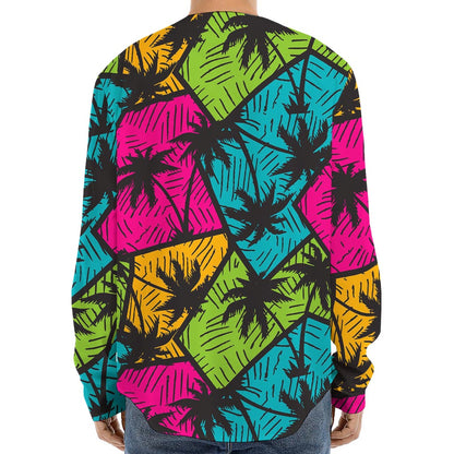 Colorful Palm Tree Pattern Print Long Sleeve Baseball Jersey