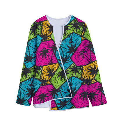 Colorful Palm Tree Pattern Print Long Sleeve Short Coat