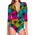Colorful Palm Tree Pattern Print Long Sleeve Swimsuit