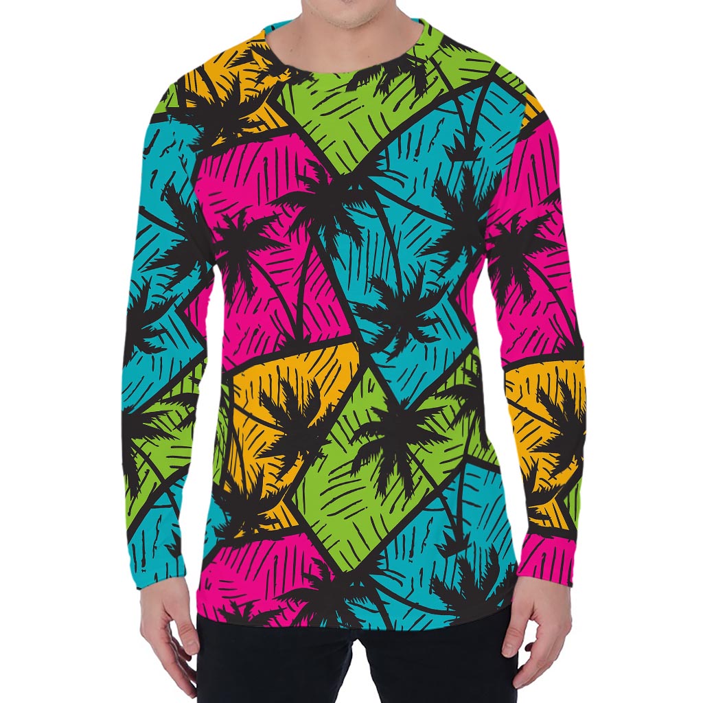 Colorful Palm Tree Pattern Print Men's Long Sleeve T-Shirt