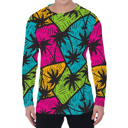 Colorful Palm Tree Pattern Print Men's Long Sleeve T-Shirt