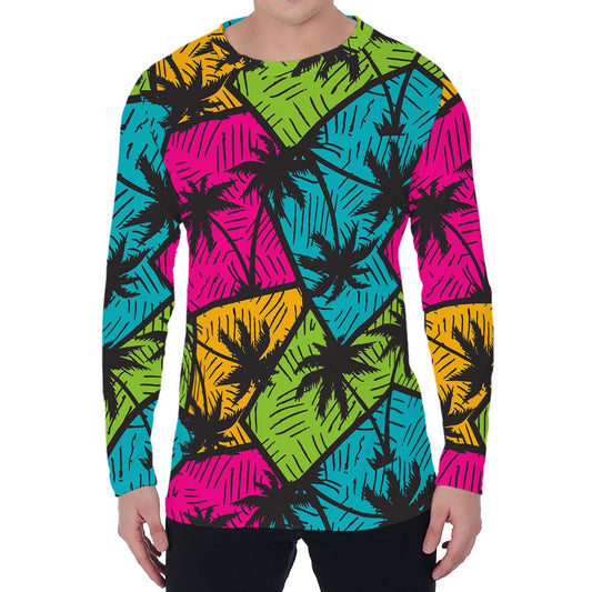Colorful Palm Tree Pattern Print Men's Long Sleeve T-Shirt