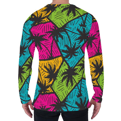 Colorful Palm Tree Pattern Print Men's Long Sleeve T-Shirt
