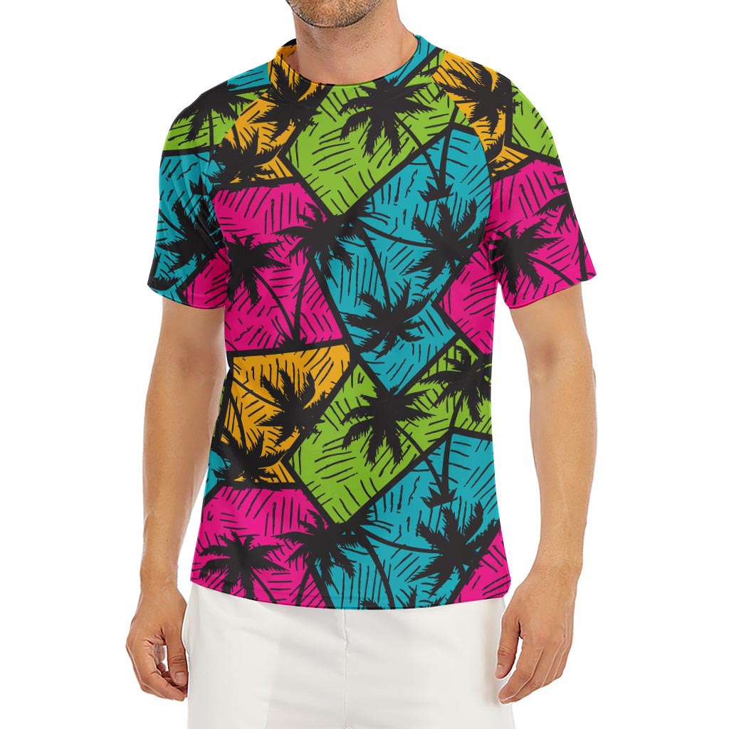 Colorful Palm Tree Pattern Print Men's Short Sleeve Rash Guard