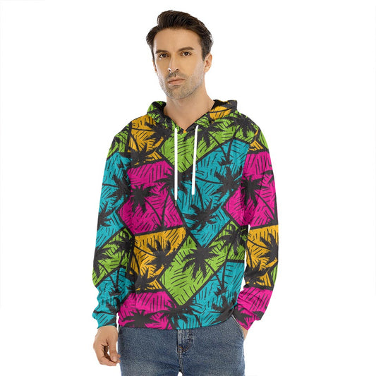 Colorful Palm Tree Pattern Print Men's Velvet Pullover Hoodie