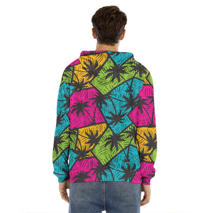 Colorful Palm Tree Pattern Print Men's Velvet Pullover Hoodie