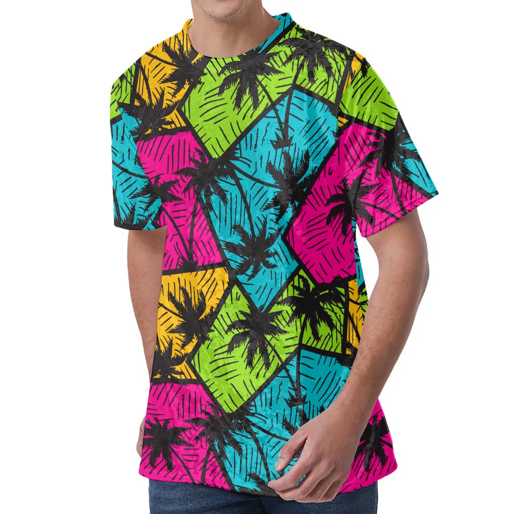 Colorful Palm Tree Pattern Print Men's Velvet T-Shirt