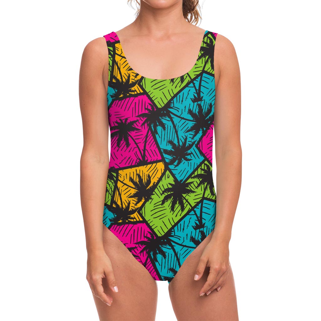 Colorful Palm Tree Pattern Print One Piece Swimsuit