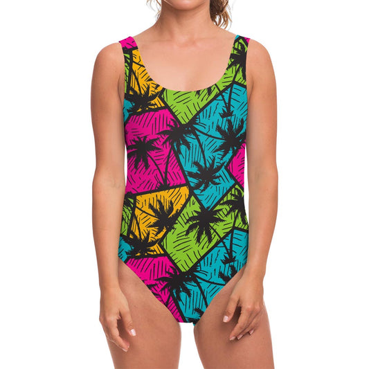 Colorful Palm Tree Pattern Print One Piece Swimsuit
