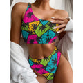Colorful Palm Tree Pattern Print One Shoulder Bikini Set