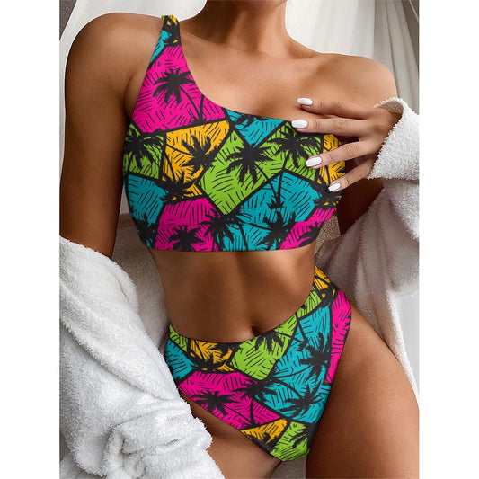 Colorful Palm Tree Pattern Print One Shoulder Bikini Top