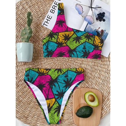 Colorful Palm Tree Pattern Print One Shoulder Bikini Top