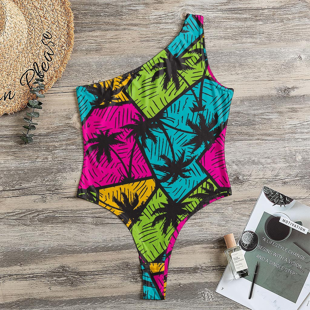 Colorful Palm Tree Pattern Print One Shoulder Bodysuit