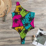 Colorful Palm Tree Pattern Print One Shoulder Bodysuit