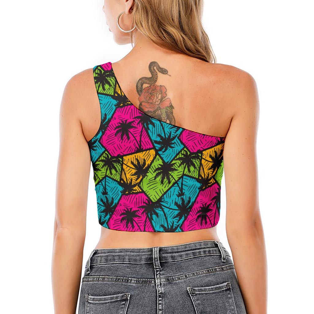 Colorful Palm Tree Pattern Print One Shoulder Crop Top