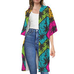 Colorful Palm Tree Pattern Print Open Front Beach Cover Up