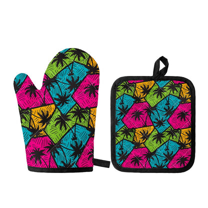 Colorful Palm Tree Pattern Print Oven Mitt And Pot Holder Set