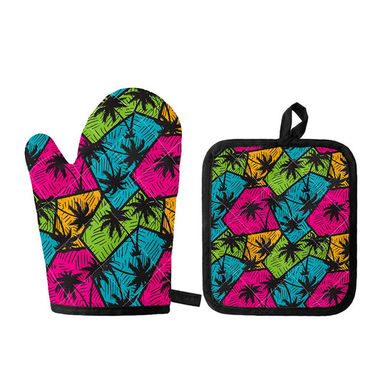 Colorful Palm Tree Pattern Print Oven Mitt And Pot Holder Set
