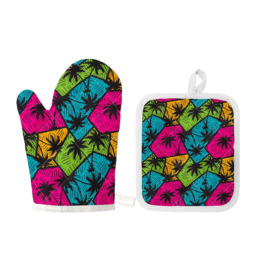 Colorful Palm Tree Pattern Print Oven Mitt And Pot Holder Set