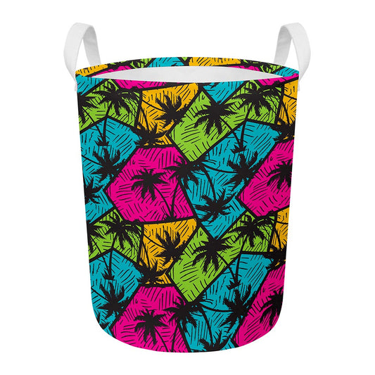 Colorful Palm Tree Pattern Print Round Laundry Basket