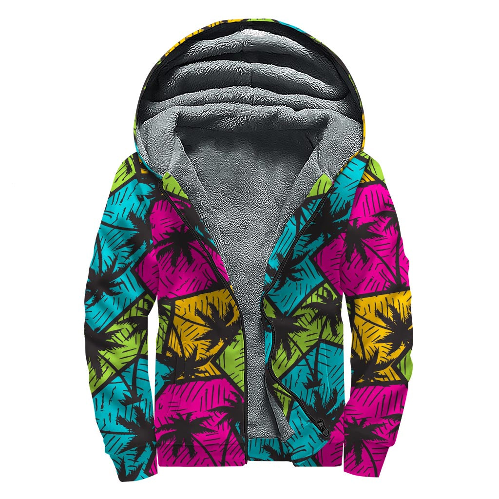 Colorful Palm Tree Pattern Print Sherpa Lined Zip Up Hoodie