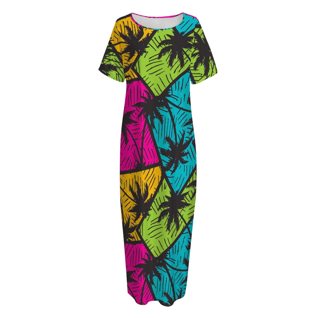 Colorful Palm Tree Pattern Print Short Sleeve Long Nightdress