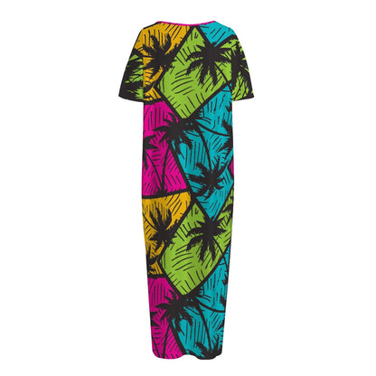 Colorful Palm Tree Pattern Print Short Sleeve Long Nightdress