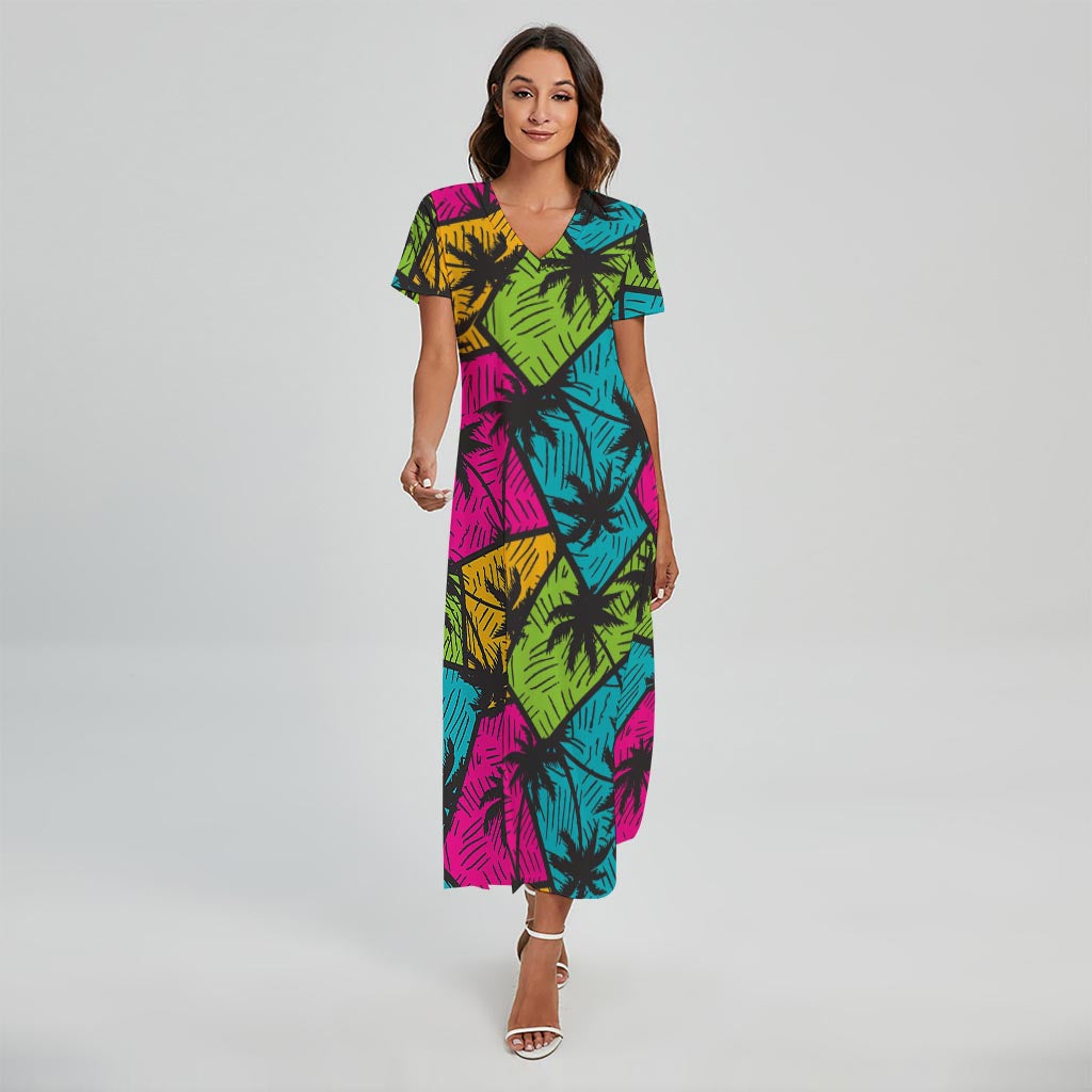 Colorful Palm Tree Pattern Print Short Sleeve Maxi Dress
