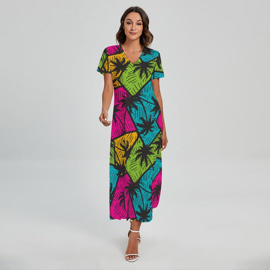 Colorful Palm Tree Pattern Print Short Sleeve Maxi Dress