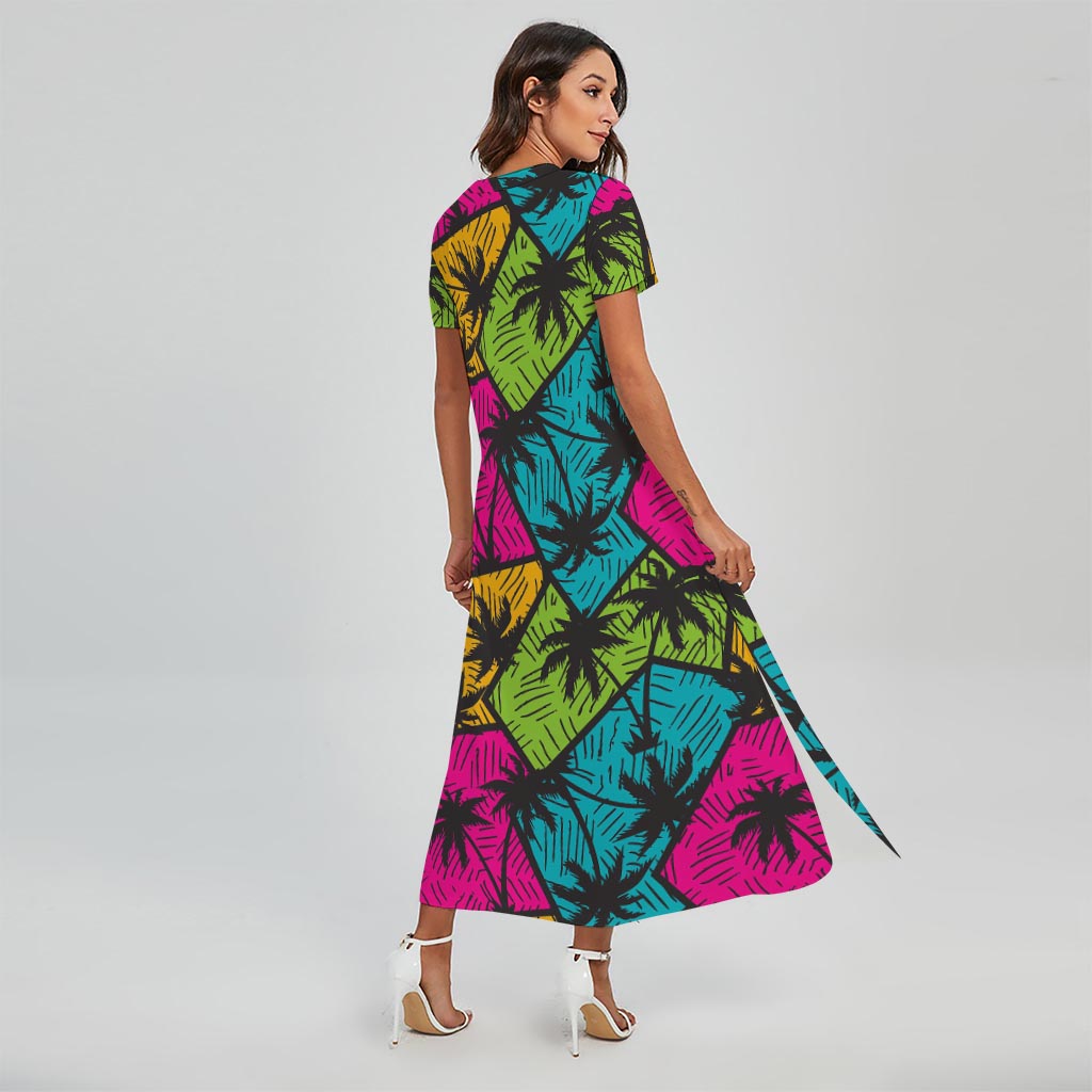Colorful Palm Tree Pattern Print Short Sleeve Maxi Dress