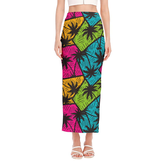 Colorful Palm Tree Pattern Print Side Slit Maxi Skirt