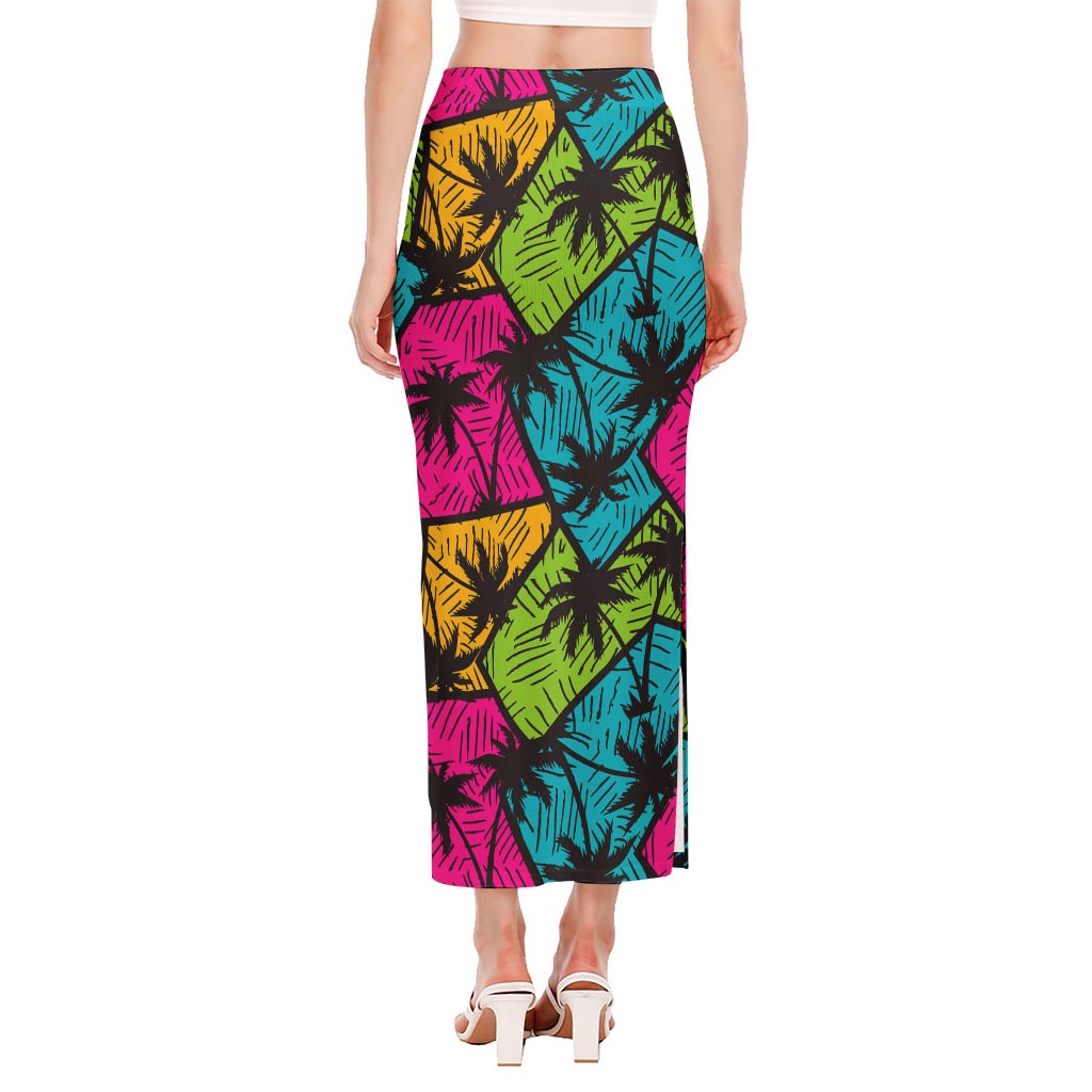 Colorful Palm Tree Pattern Print Side Slit Maxi Skirt
