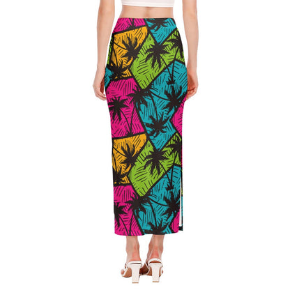 Colorful Palm Tree Pattern Print Side Slit Maxi Skirt