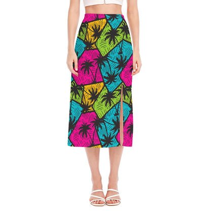 Colorful Palm Tree Pattern Print Side Slit Midi Skirt