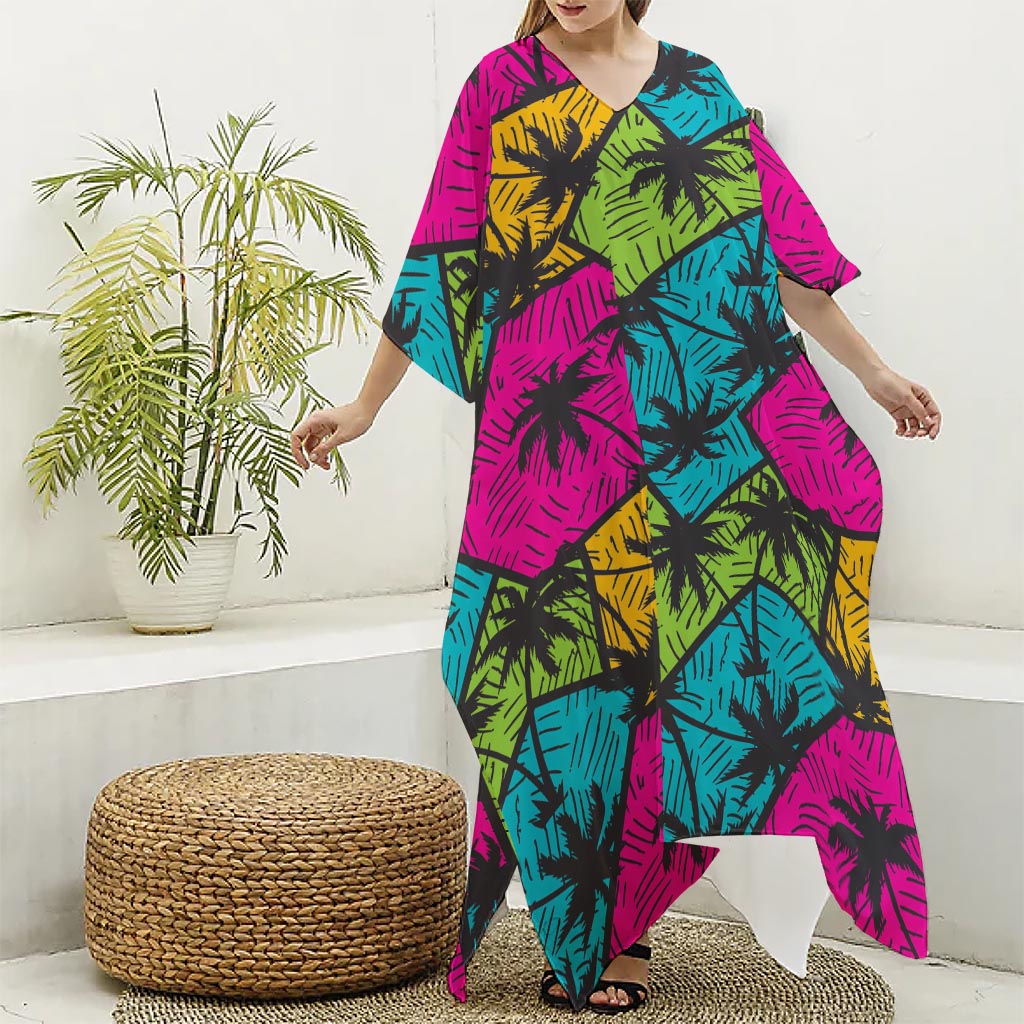 Colorful Palm Tree Pattern Print Silk V-Neck Kaftan Dress