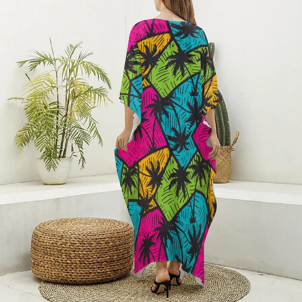Colorful Palm Tree Pattern Print Silk V-Neck Kaftan Dress