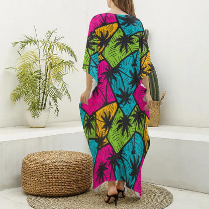Colorful Palm Tree Pattern Print Silk V-Neck Kaftan Dress