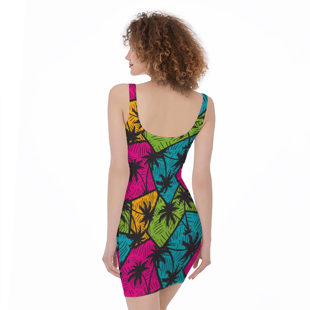 Colorful Palm Tree Pattern Print Sleeveless Bodycon Dress