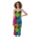 Colorful Palm Tree Pattern Print Slim Fit Midi Cami Dress