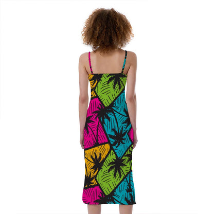 Colorful Palm Tree Pattern Print Slim Fit Midi Cami Dress