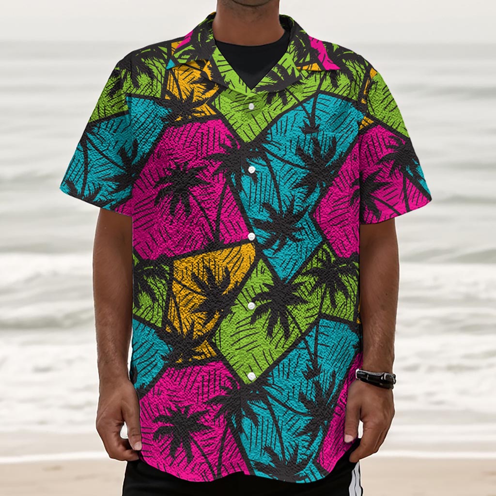 Colorful Palm Tree Pattern Print Textured Short Sleeve Shirt